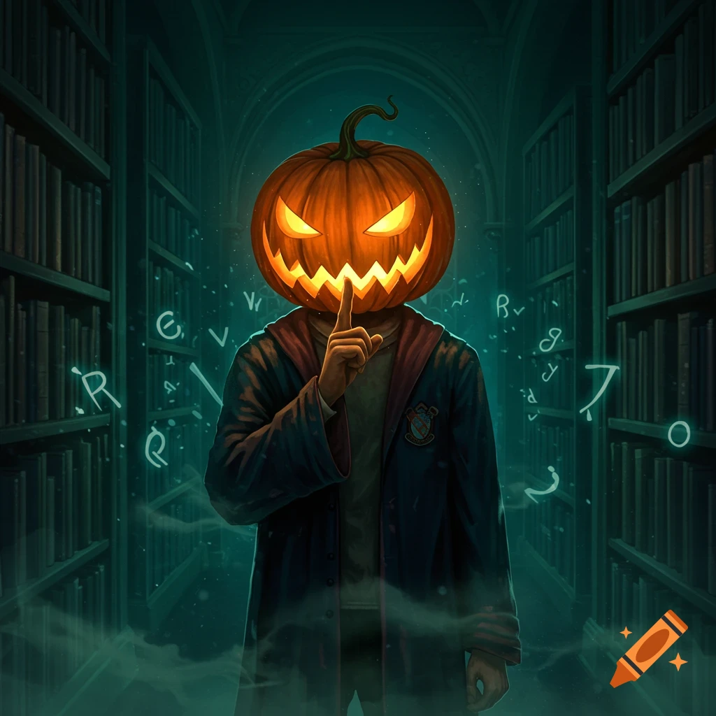 A student with a glowing jack-o-lantern head makes a shush gesture in a dark, magical library with floating letters. Digital painting.