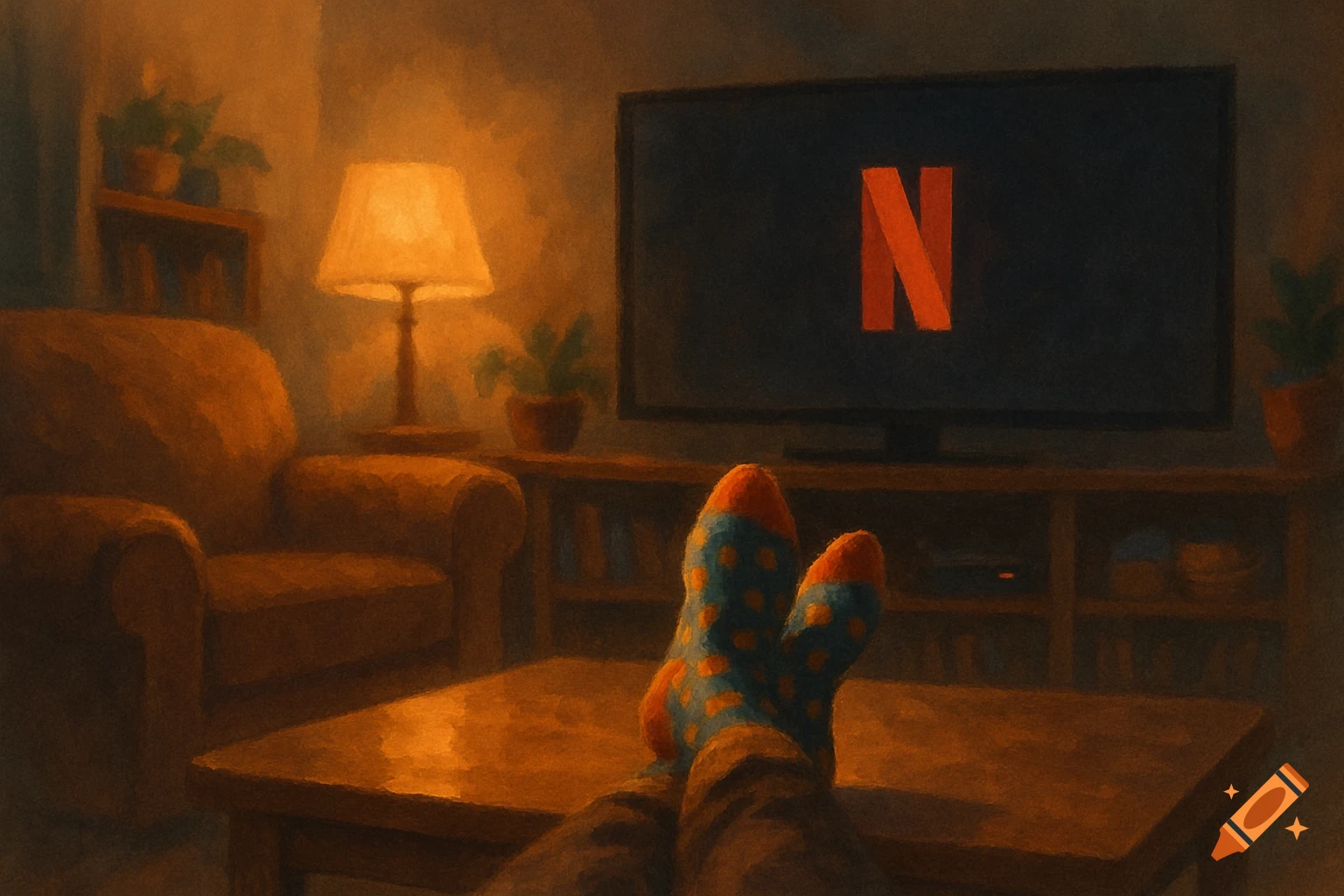 Feet in blue polka-dot socks rest on a coffee table in a cozy, dimly lit living room, watching a TV displaying the Netflix logo. Painterly style.