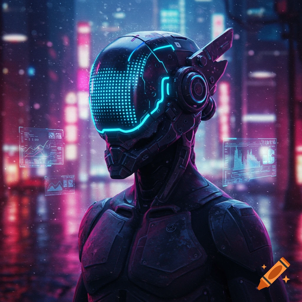 A futuristic Protogen cyborg with a glowing blue visor stands in a neon-lit cyberpunk city, surrounded by holographic data screens.
