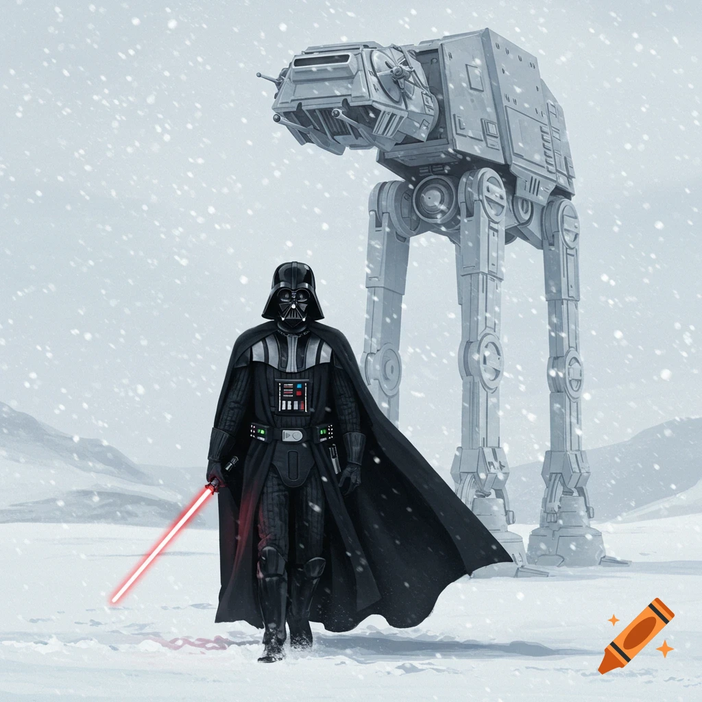 Darth Vader walks with a red lightsaber in a snowy landscape, an AT-AT stands in the background under falling snow.