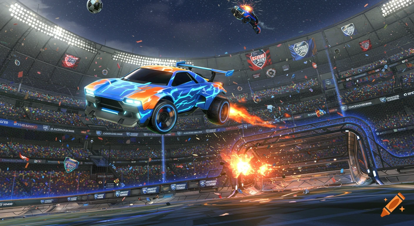 Futuristic blue and orange car flying in a stadium with explosions, confetti, and a soccer ball, resembling Rocket League.