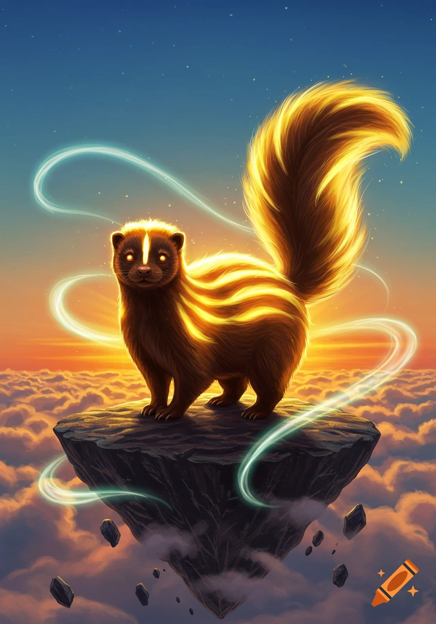 A glowing skunk with a radiant tail stands on a floating rock island above clouds, under a magical sunset sky with light trails.