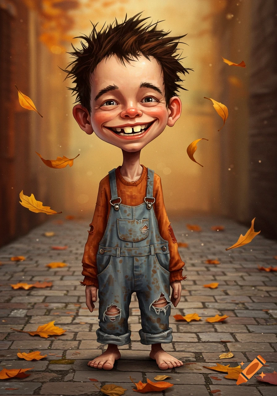 A smiling, scrawny boy with spiky hair, large front teeth, and torn overalls stands barefoot on a cobblestone path as autumn leaves fall around him in a cartoon style.