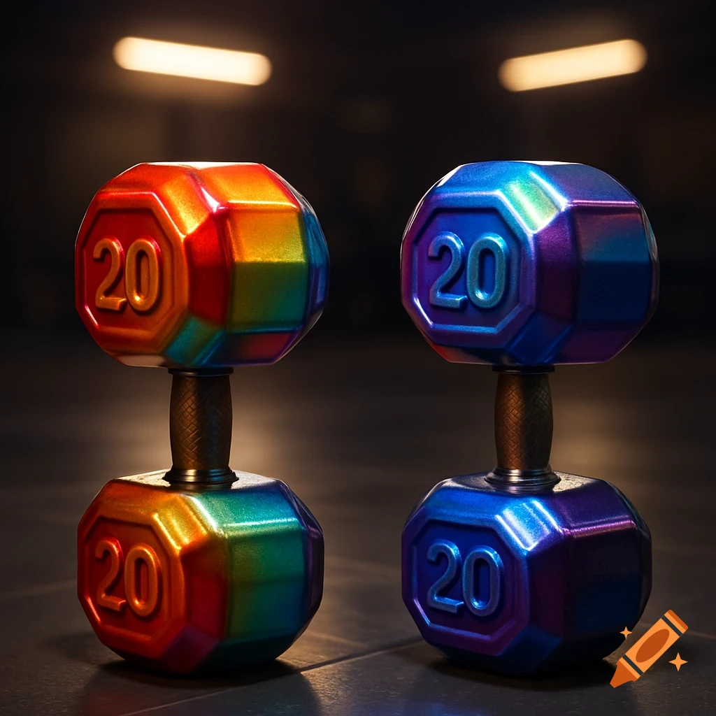 Two vibrant, faceted dumbbells, one rainbow-colored and one blue-purple, both displaying the number 20 on their ends.