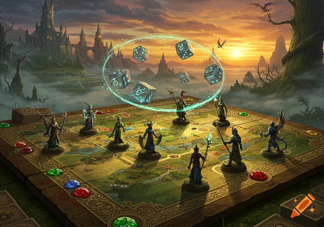 A vibrant fantasy board game scene with a map board, character miniatures, glowing dice, and a distant castle at sunset.