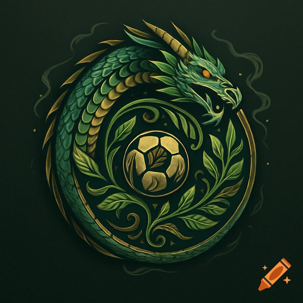 Stylized green and gold dragon coiled around a circular design with a football and foliage on a dark background.
