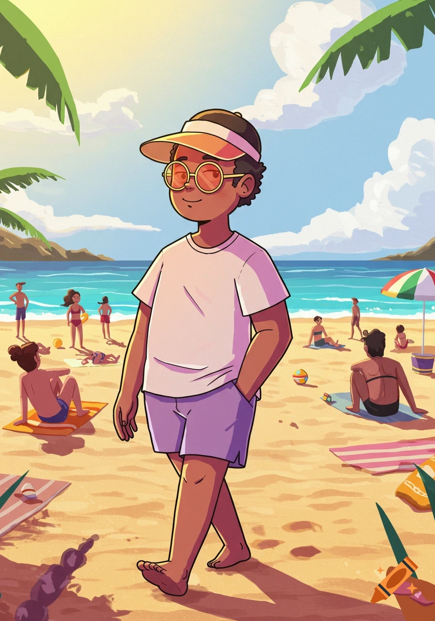 A confident person wearing a visor and glasses walks on a sunny, cartoon-style beach with other beachgoers and palm trees.