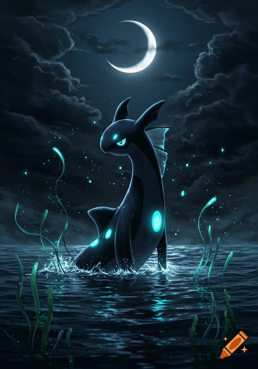 A dark, glowing water creature with bright blue markings emerges from dark, rippling water under a crescent moon and stormy clouds at night.
