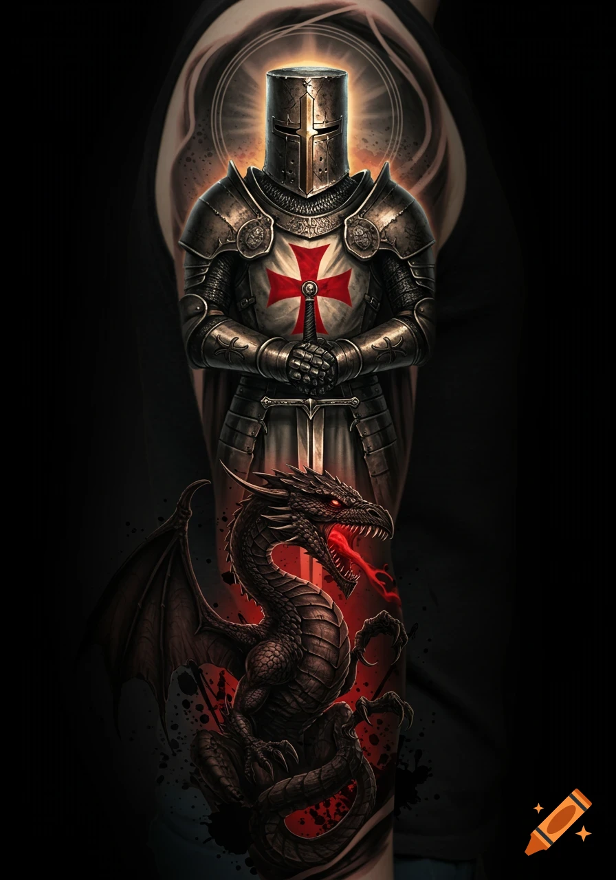 A hyper-realistic tattoo design of a Templar knight in full armor and a red cross, standing over an angry black dragon spewing red flames amidst red and black splatters.