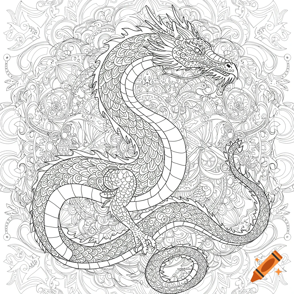 Black and white line art coloring page of a detailed dragon on a mandala background.