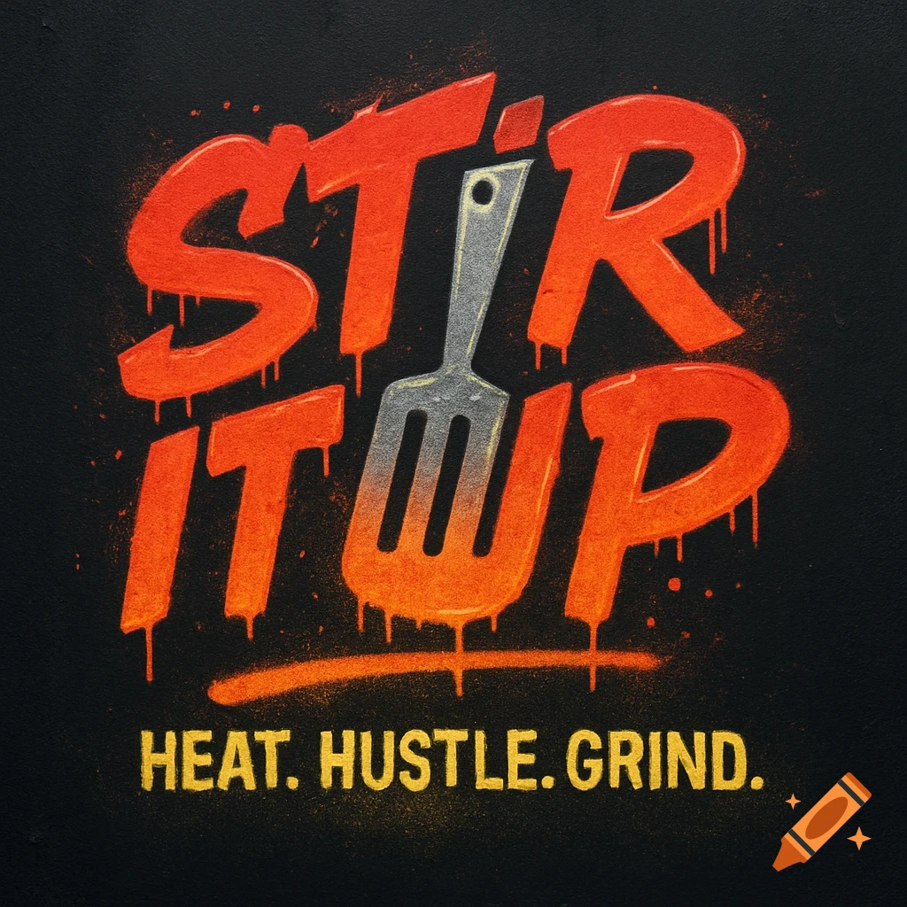 Urban graffiti-style logo in red and orange on black, reading 'STIR IT UP' with a spatula for the 'I', and 'HEAT. HUSTLE. GRIND.'
