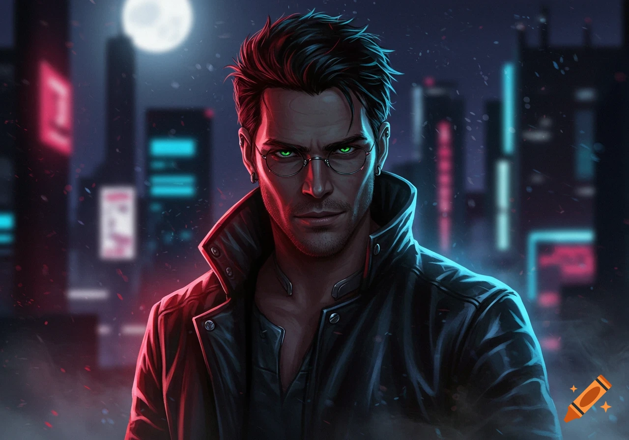 A stylized portrait of a man with glowing green eyes and dark hair, wearing a leather jacket, against a neon-lit cyberpunk city at night with a full moon.