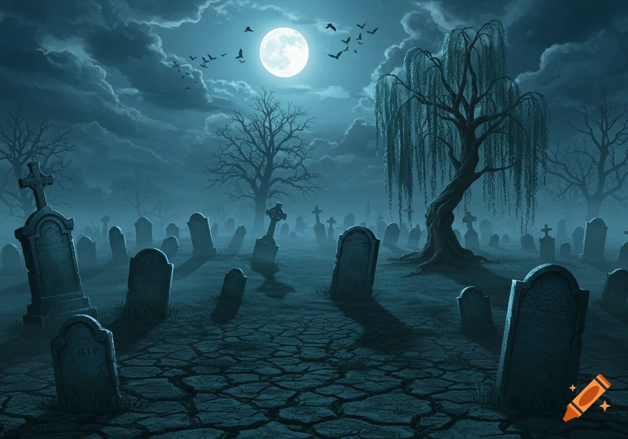 A spooky graveyard at night, lit by a bright full moon. Gravestones, eerie trees, and misty fog create a chilling atmosphere.