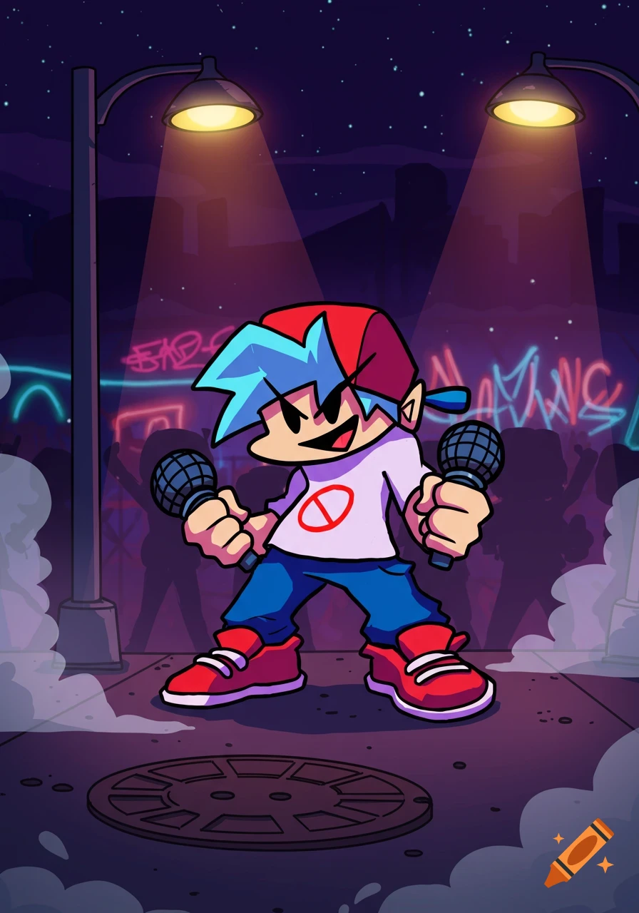 Cartoon character, Boyfriend from Friday Night Funkin', holding two microphones in a vibrant street at night with neon graffiti and streetlights.