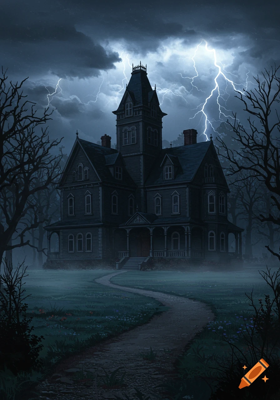 A dark, spooky Victorian mansion stands on a stormy night, with lightning flashing in the sky and a winding path leading to its entrance.