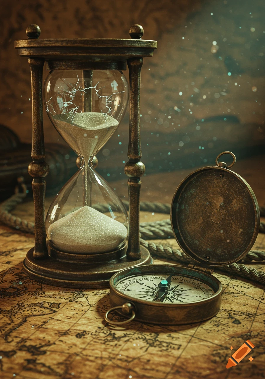 A broken hourglass and an open antique compass resting on a vintage map with ropes and shimmering particles.