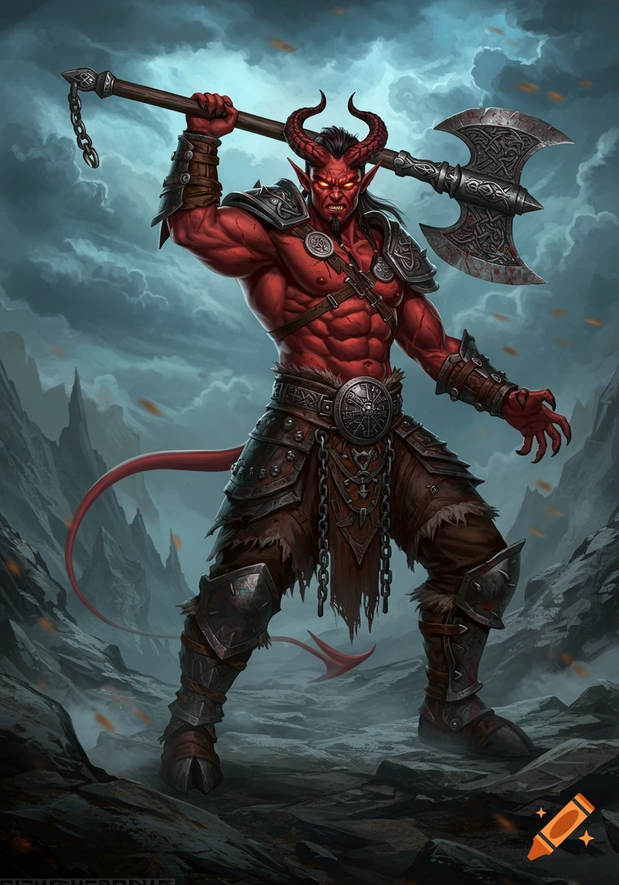 A muscular, red-skinned, horned barbarian wielding a massive double-bladed axe in a desolate, cloudy fantasy landscape.