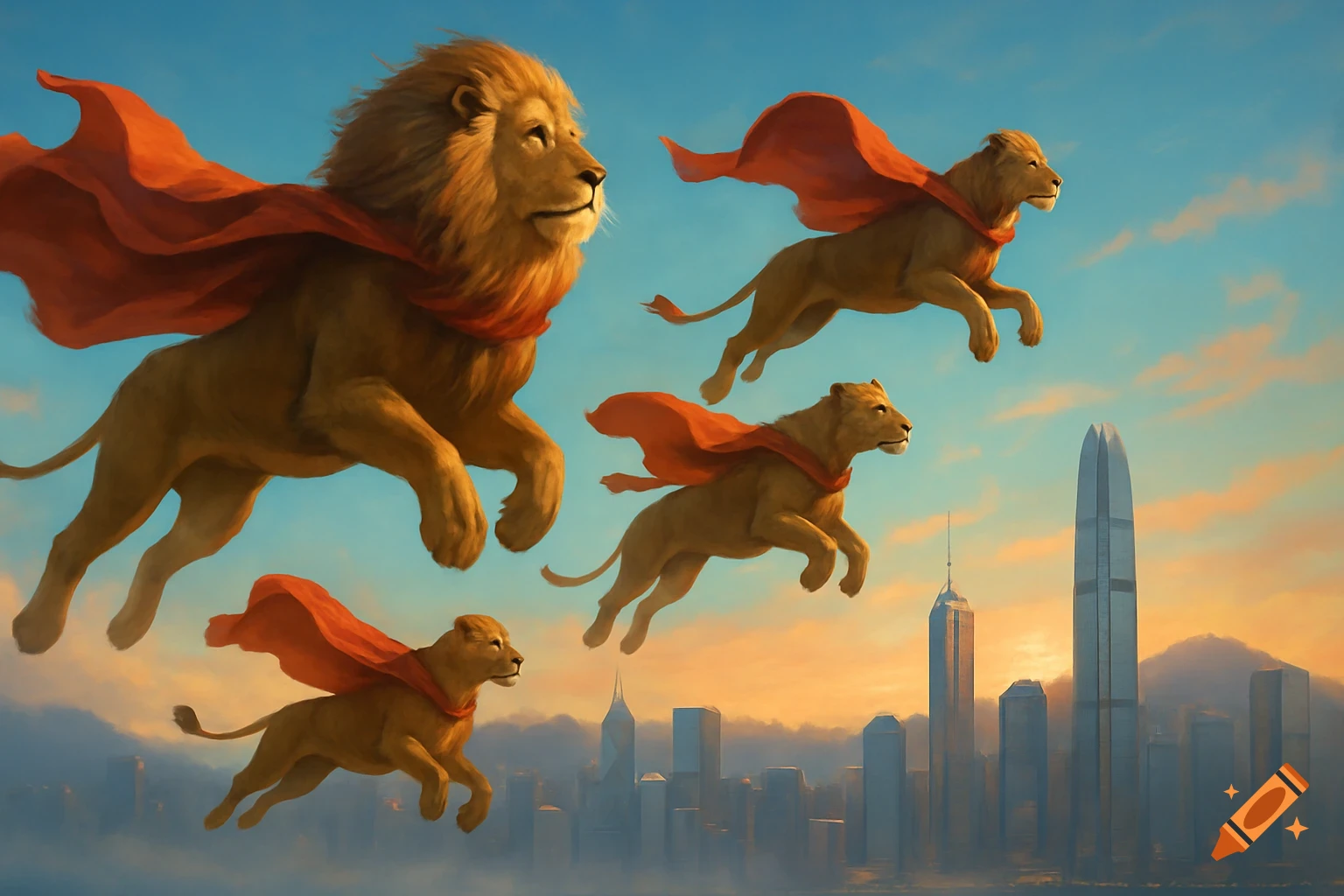 Several majestic lions wearing red capes soar through a vibrant sky above a modern Hong Kong cityscape at sunset.