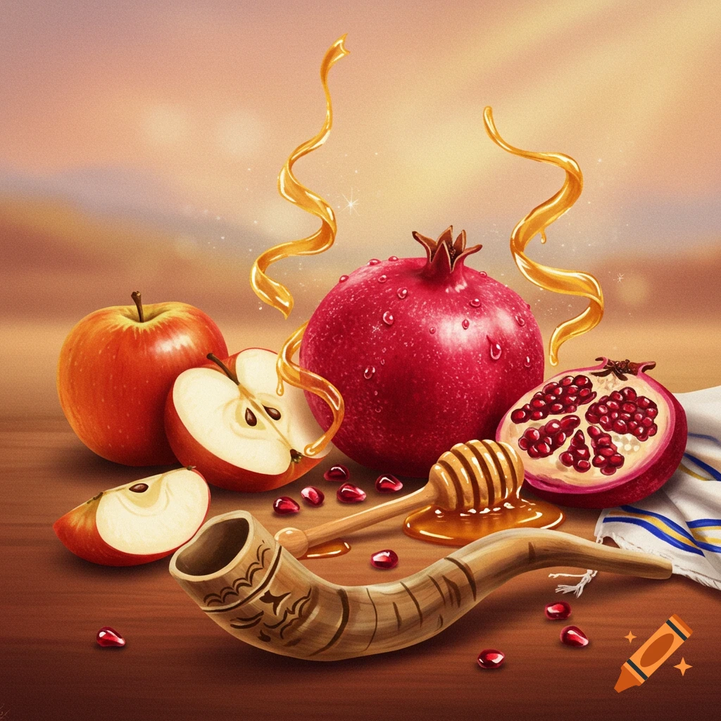 A vibrant still life for Rosh Hashanah with apples, pomegranates, honey, a honey dipper, and a shofar on a wooden table.