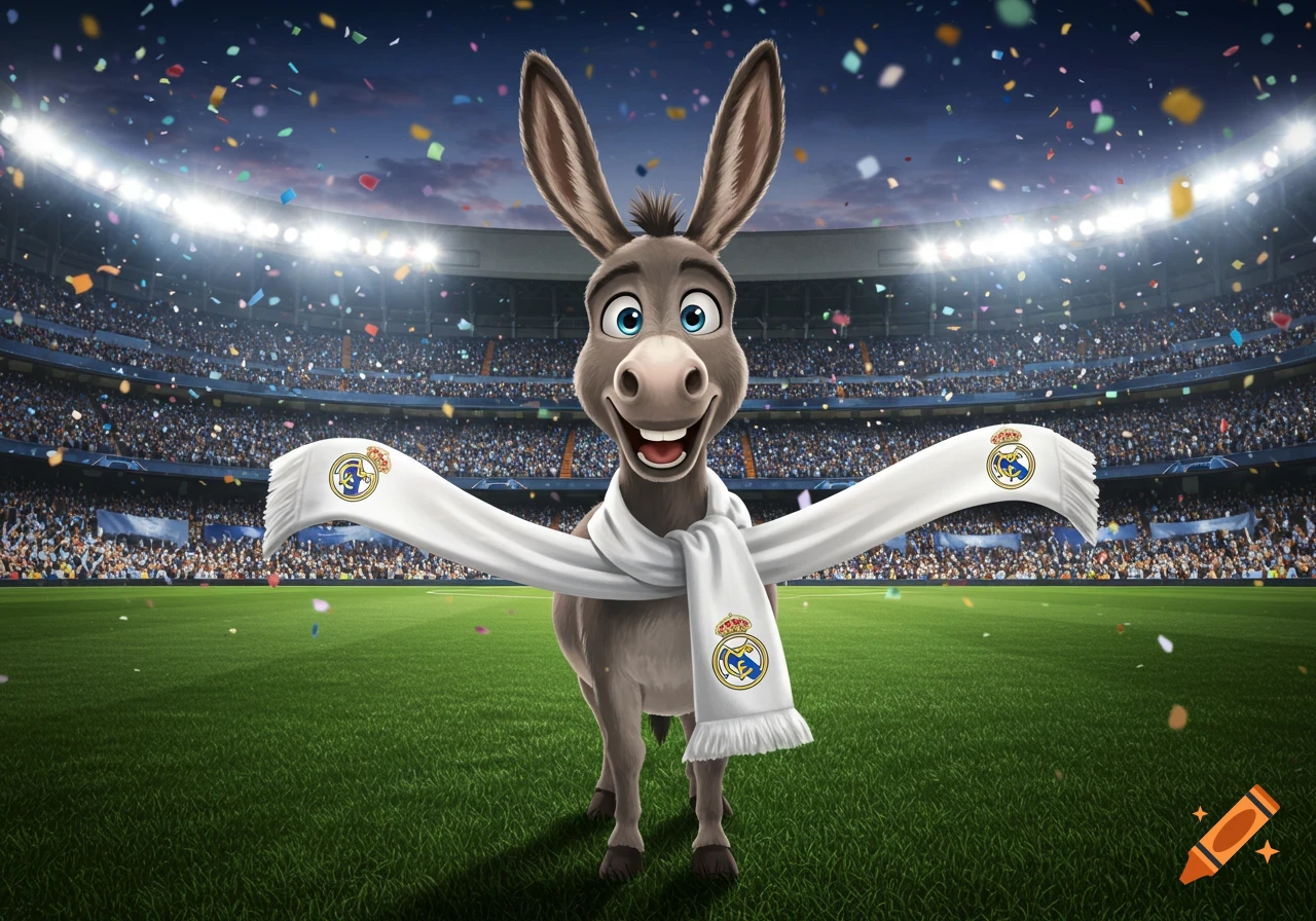 Cartoon donkey with blue eyes, wearing a white Real Madrid scarf, stands on a football pitch in a packed stadium with confetti.