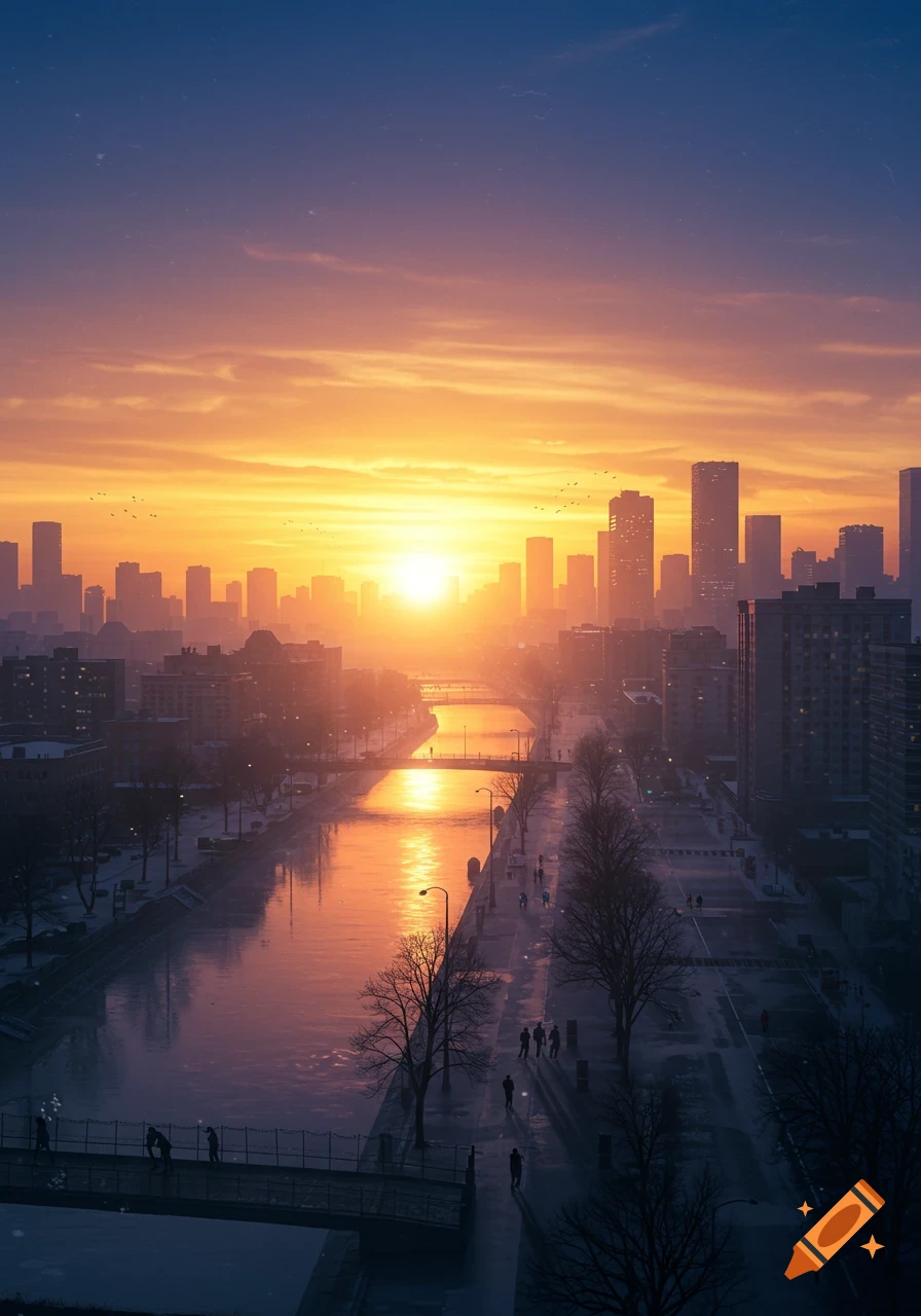 Aerial view of a city at sunrise, a river reflecting the orange sky, bordered by buildings and streets with scattered people.