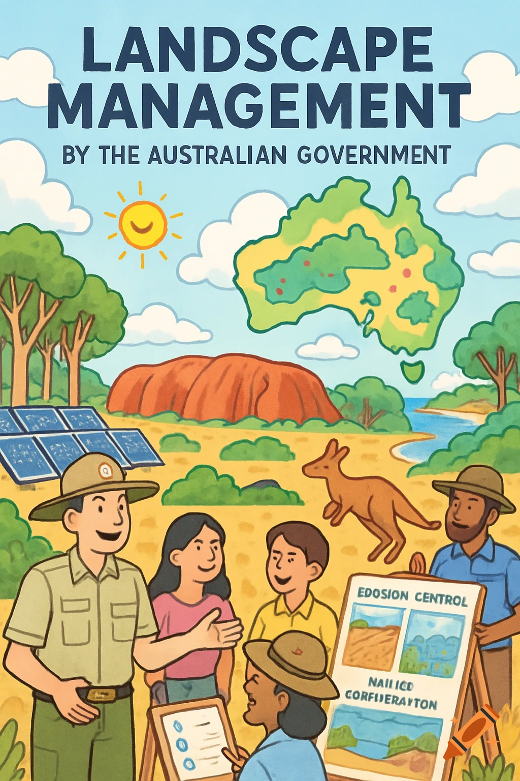 A cartoon poster about landscape management in Australia, featuring a park ranger, people, solar panels, Uluru, a kangaroo, a map of Australia, and a presentation board with text.