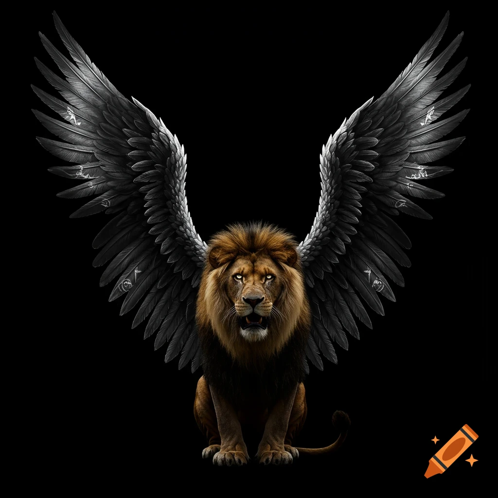 A majestic brown lion with glowing eyes and large black wings sits in a black void.