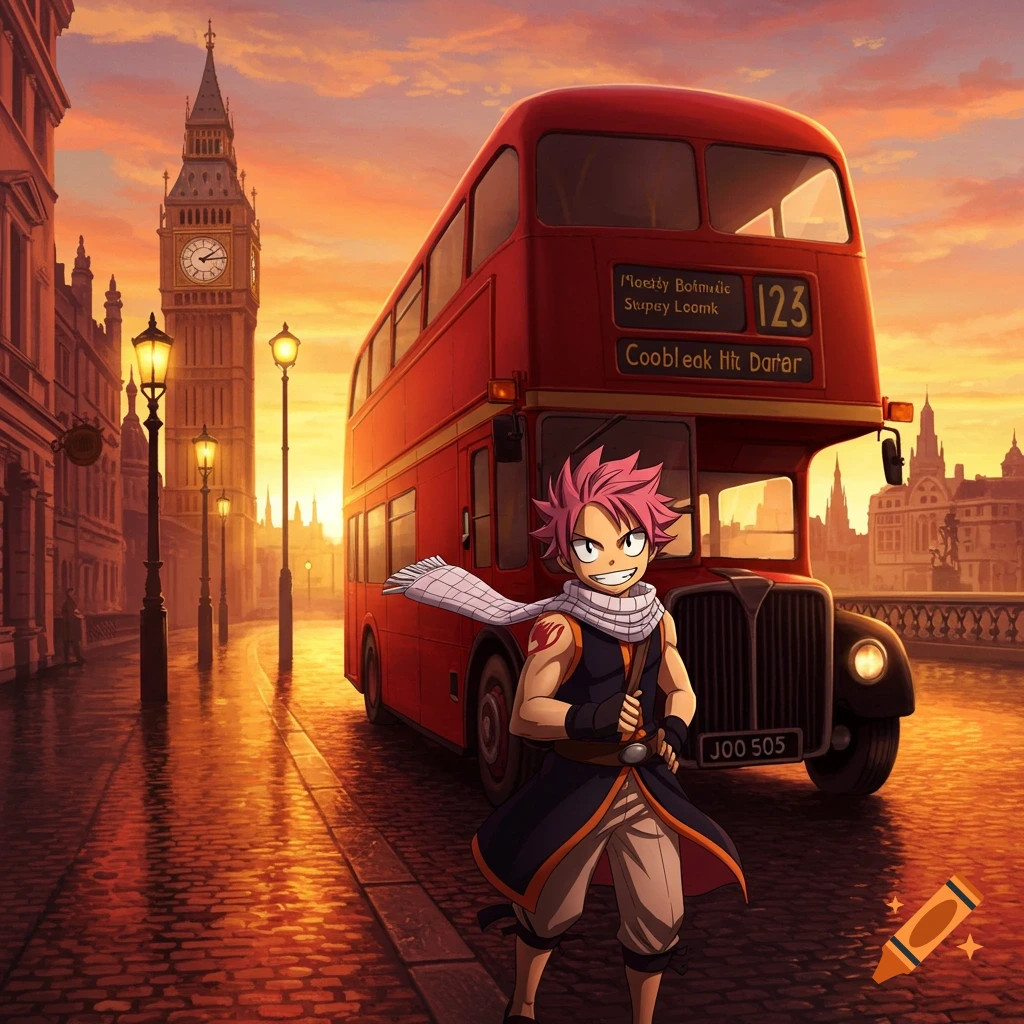 Natsu from Fairy Tail stands on a cobblestone street in London at sunset, with a red double-decker bus and Big Ben in the background.