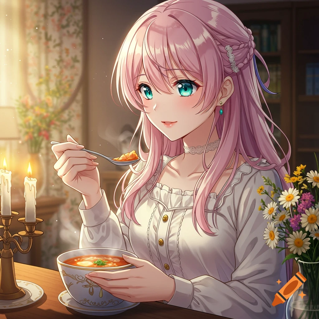 An anime woman with pink hair and teal eyes, wearing a white blouse, smiles while eating soup from a bowl at a candlelit table with flowers.