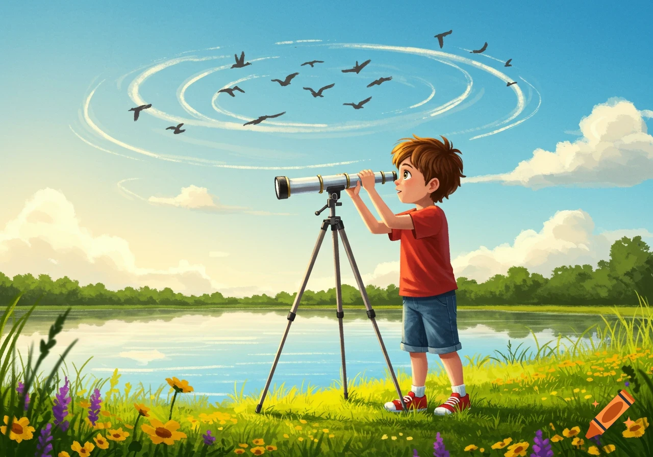 A young boy uses a telescope to watch birds flying in spirals over a serene lake with a forest and wildflowers, in a cheerful illustration.
