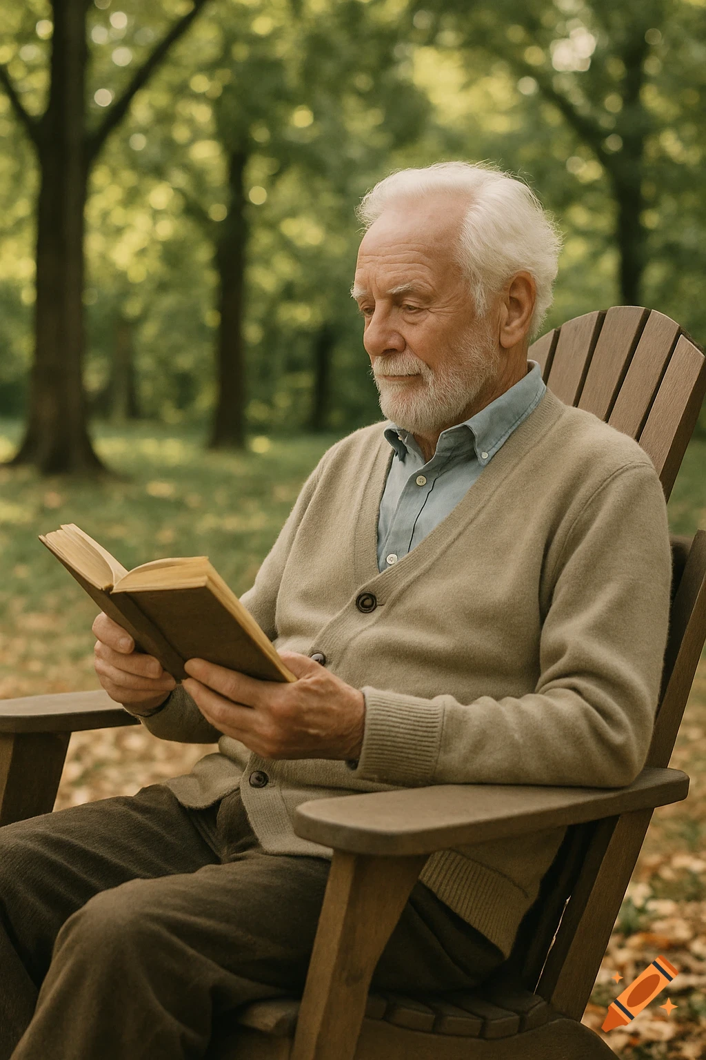 An elderly man with white hair and beard sits on a wooden garden chair, reading a book in a lush green park.