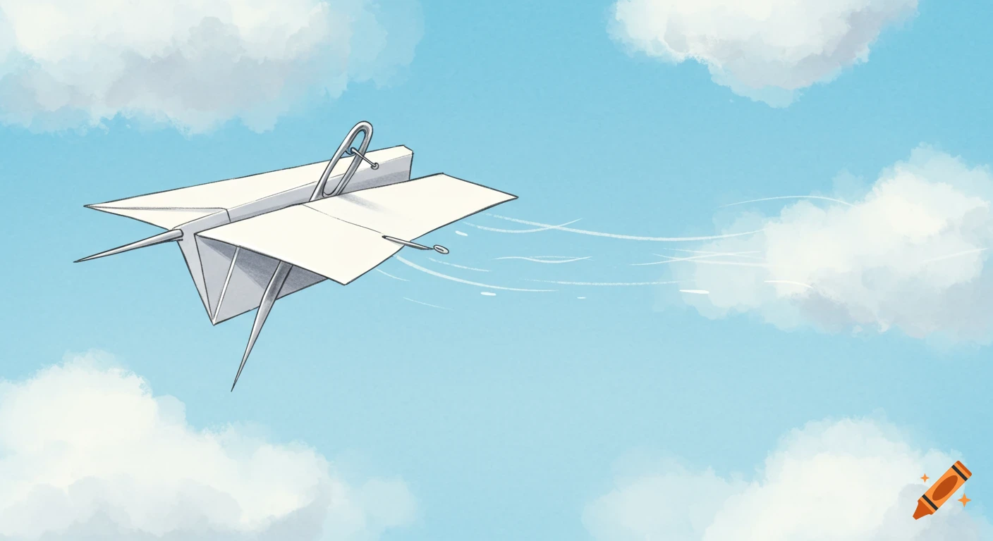 An illustrated white paper airplane with a paper clip flies through a blue sky with white clouds.