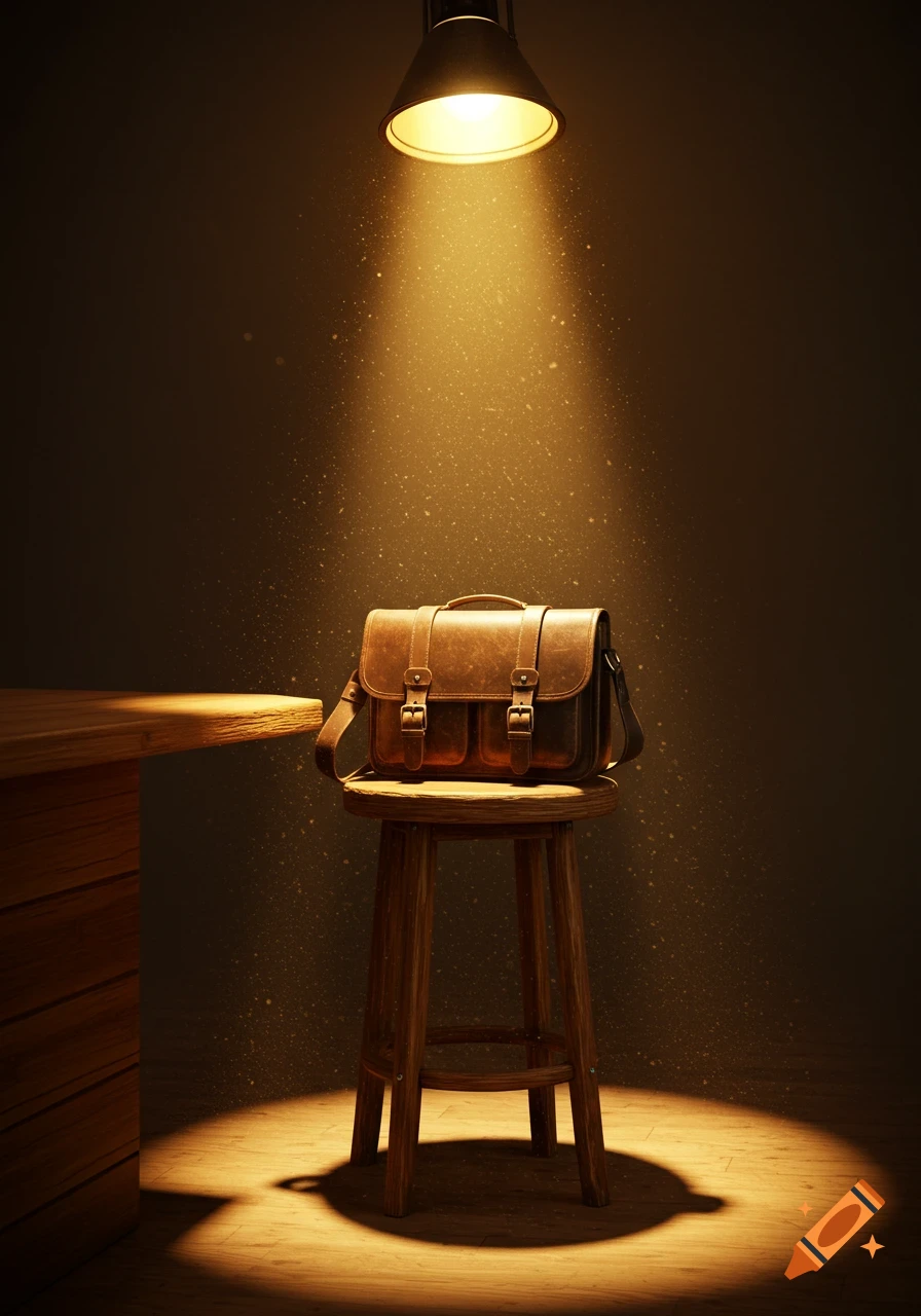 A brown leather satchel bag sits on a wooden bar stool under a dramatic, dusty spotlight in a dark room.