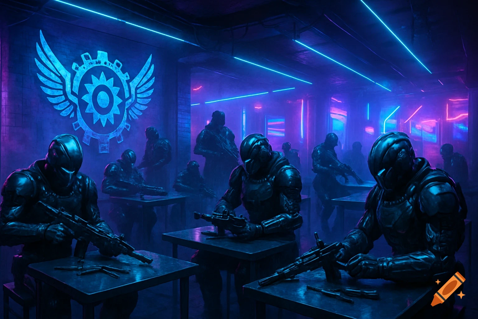 Militaristic figures in futuristic armor cleaning weapons at tables in a neon-lit cyberpunk club with a glowing winged gear logo.