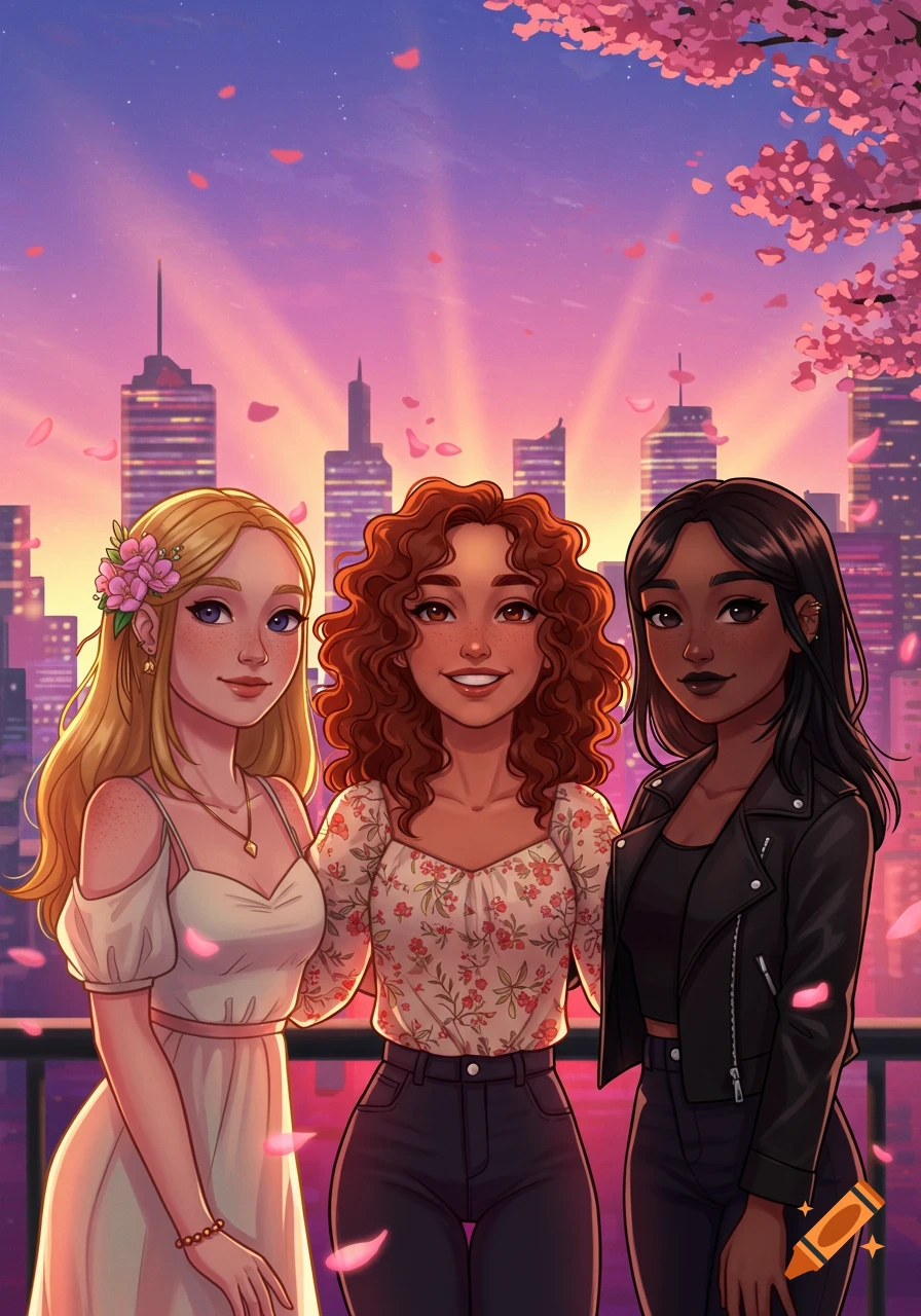 Three diverse young women stand smiling against a city skyline at sunset with cherry blossoms in a stylized illustration.