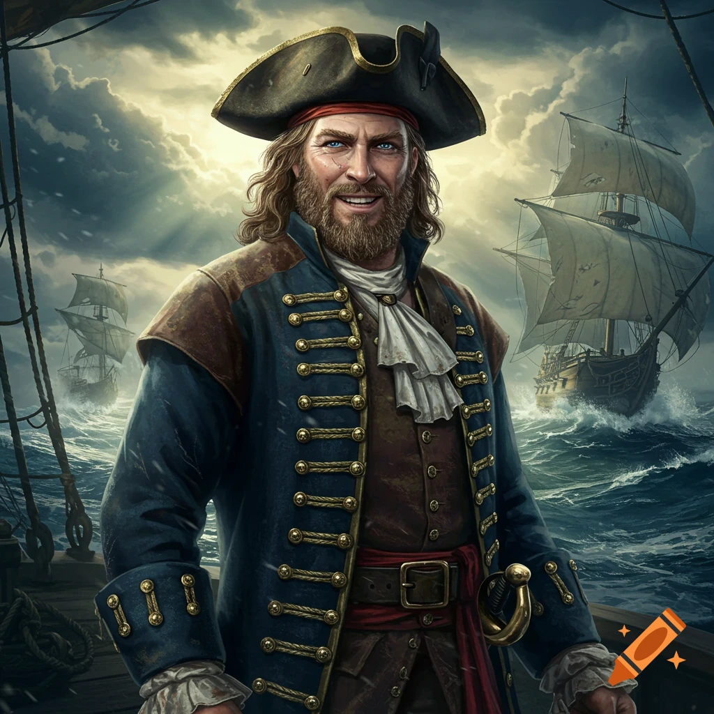 A smiling pirate with a beard and tricorn hat stands on a ship's deck, with stormy seas and sailing ships in the background. Digital art.