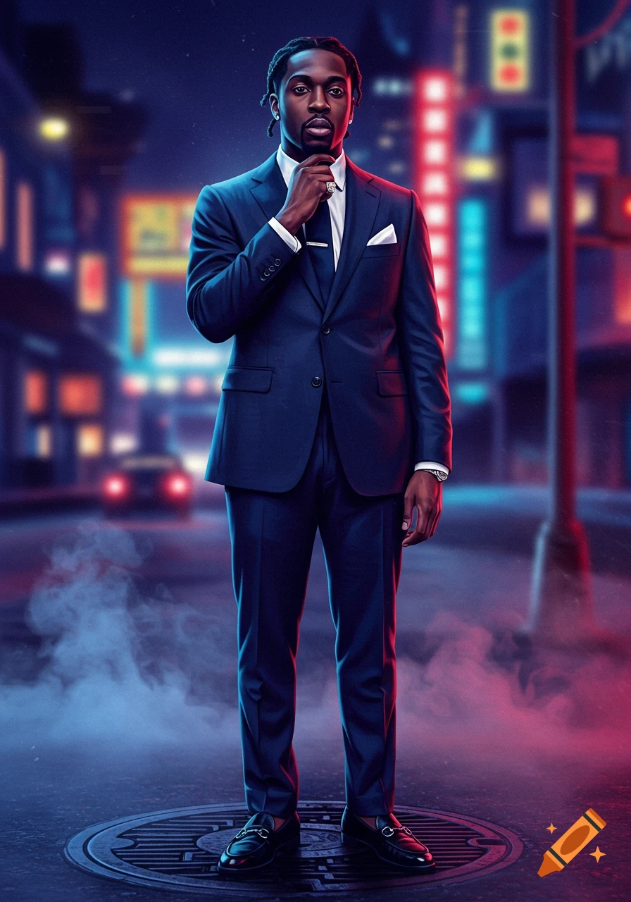 A stylish Black man in a dark suit stands contemplatively on a neon-lit city street at night.