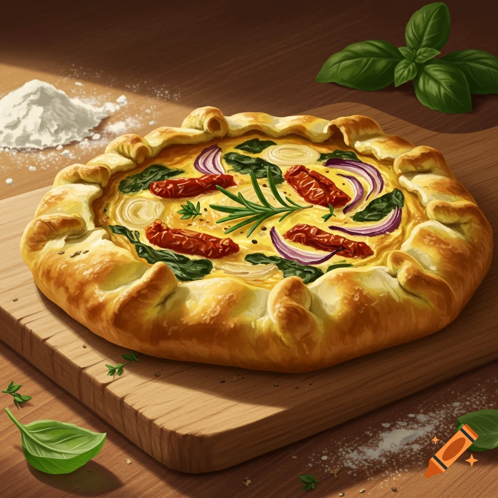 Rustic savory tart with sun-dried tomatoes, red onions, spinach, and herbs on a wooden board, with flour and basil.