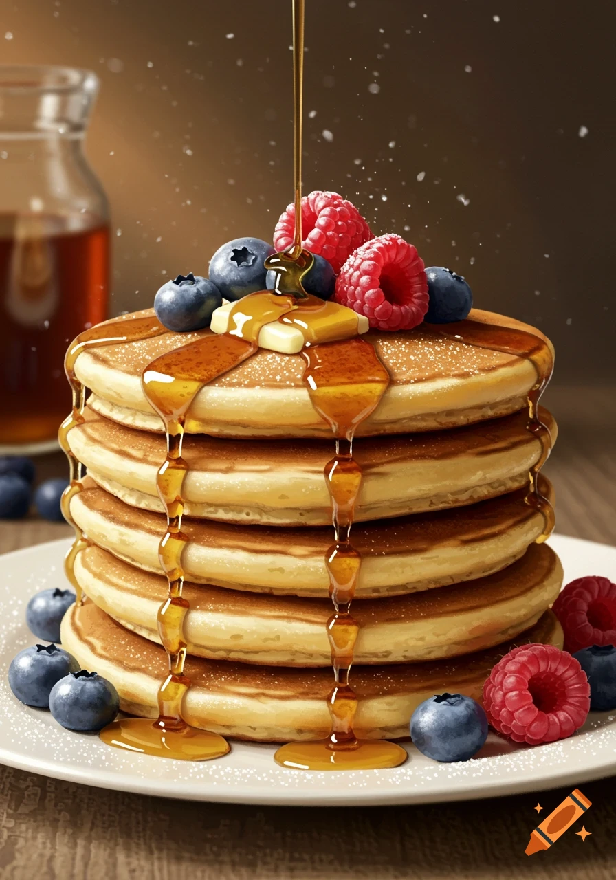 A tall stack of golden pancakes with melting butter, blueberries, raspberries, and thick maple syrup dripping down.