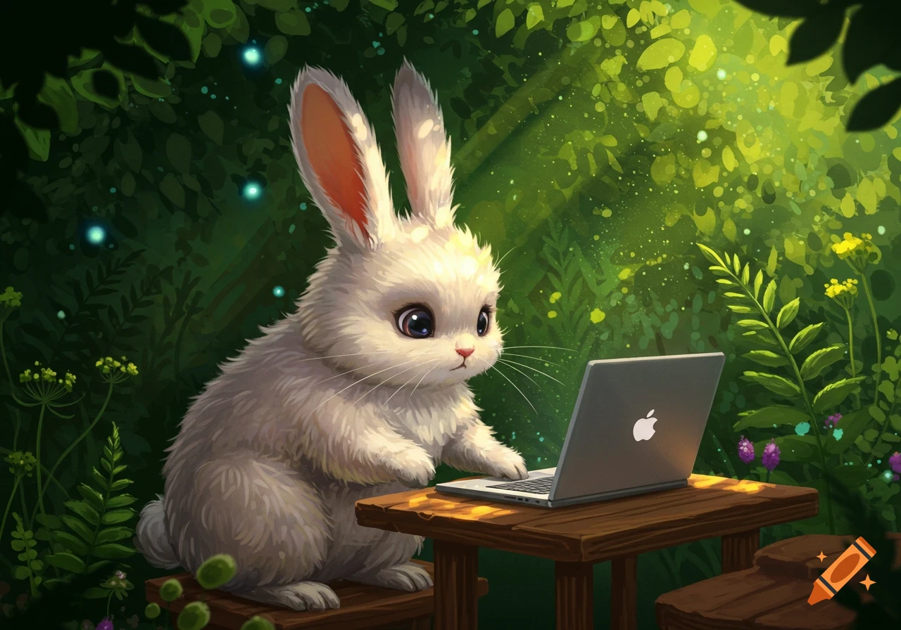 A fluffy white rabbit with big eyes sits at a wooden table in a vibrant, glowing forest, looking at an open laptop.