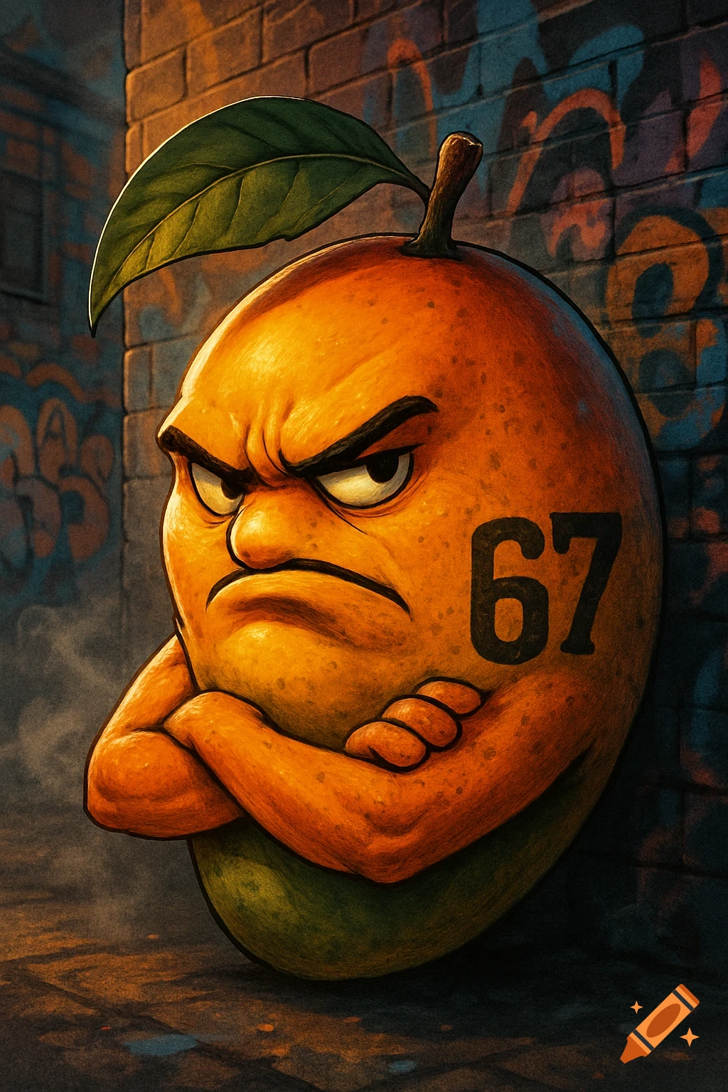 An angry, gritty cartoon mango with crossed arms and '67' on its side stands against a graffiti-covered brick wall.