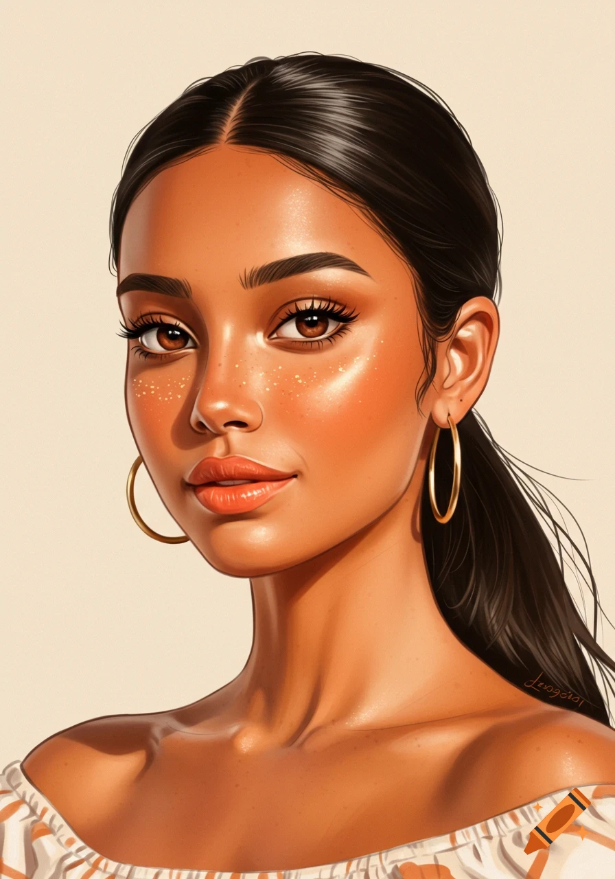 A stylized digital art portrait of a young woman with dark hair in a ponytail, hoop earrings, and luminous skin.