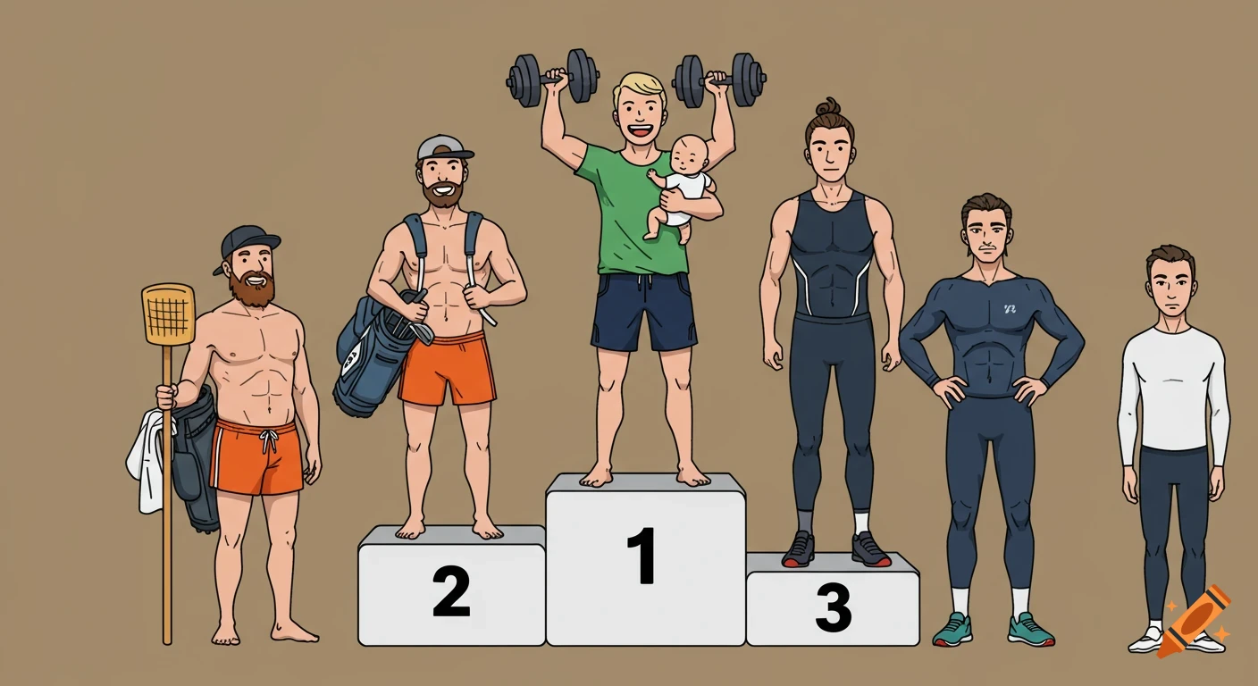 A cartoon depicts men on a three-tier podium. The winner holds a baby and dumbbells, second place a golf bag, and third a runner. Other men stand by.