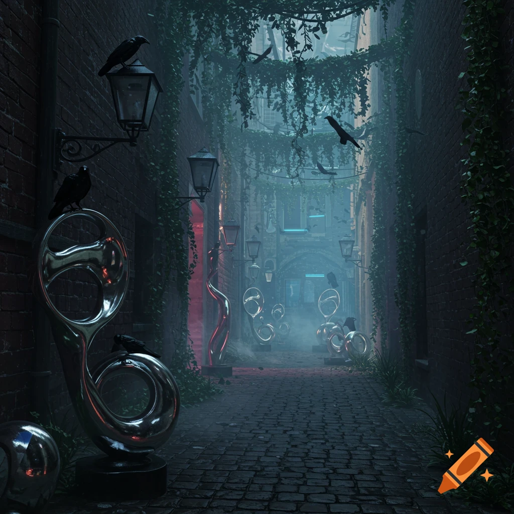 A dark, atmospheric urban alley with brick walls, overgrown vines, and a cobblestone path. Crows perch on street lamps and glowing, abstract metallic sculptures.