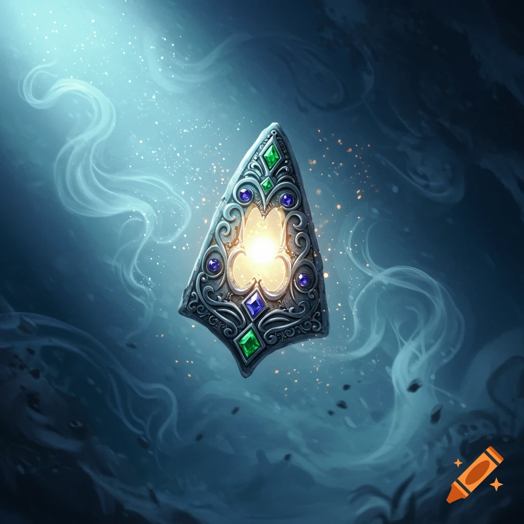 An intricately designed magical amulet with a glowing gold center and green and purple jewels, floating in a misty, dark blue ethereal space.