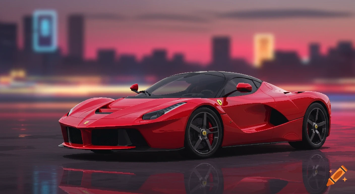 A red Ferrari LaFerrari sports car in pixel art style, reflecting on a wet surface with a blurred cityscape at sunset in the background.