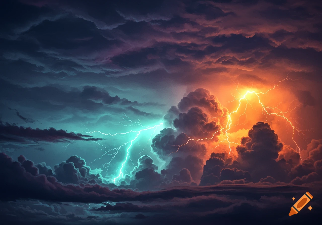 Dramatic stormy sky with vibrant teal and orange lightning striking through dark, heavy clouds.