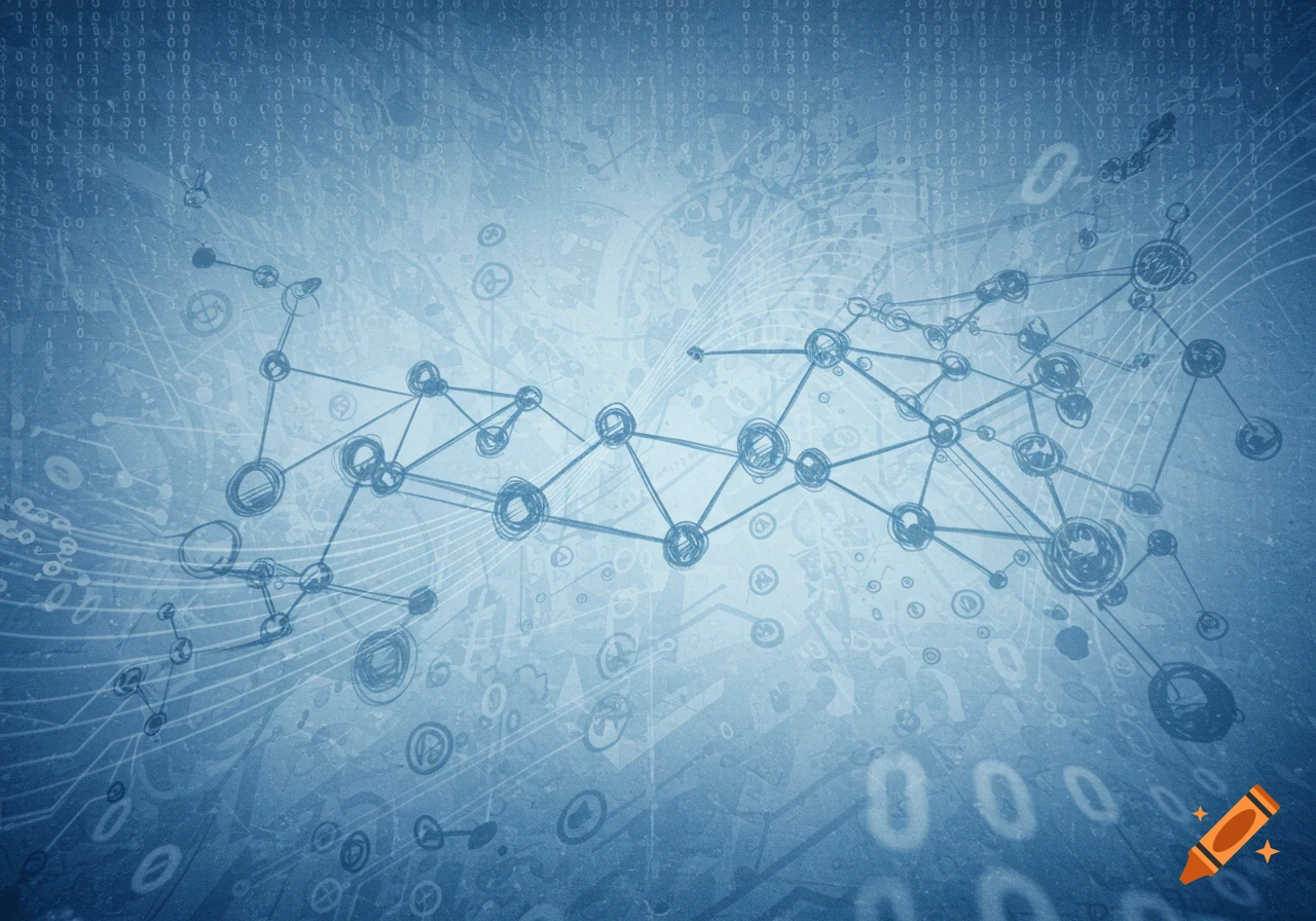 Abstract hand-drawn computer network of connected nodes and lines on a textured blue background with binary code.