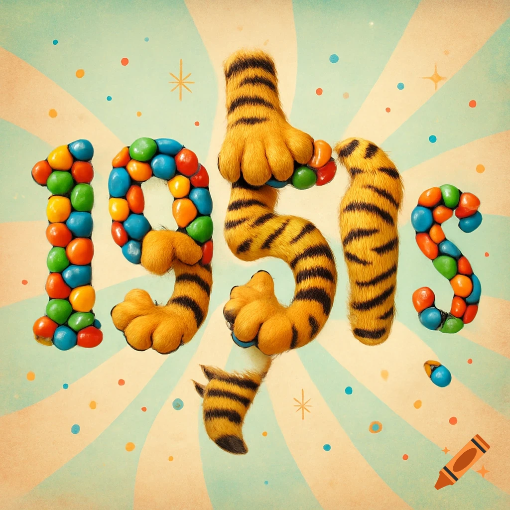 The numbers '1950s' formed by colorful M&Ms and furry tiger paws on a retro-style background with radiating stripes and confetti.