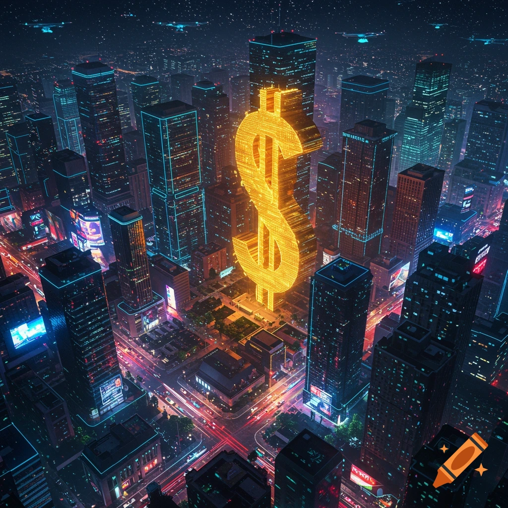 A giant glowing dollar sign dominates a futuristic, neon-lit cyberpunk cityscape at night, with drones flying overhead.